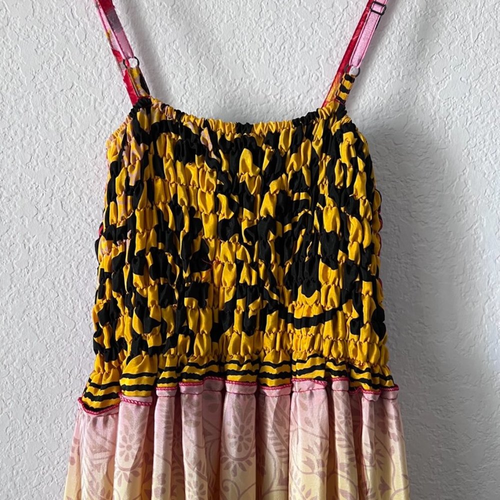 Hawaiian 100% Silk Patchwork Ruffle Tiered Multicolor Dress One Size - Picture 8 of 9